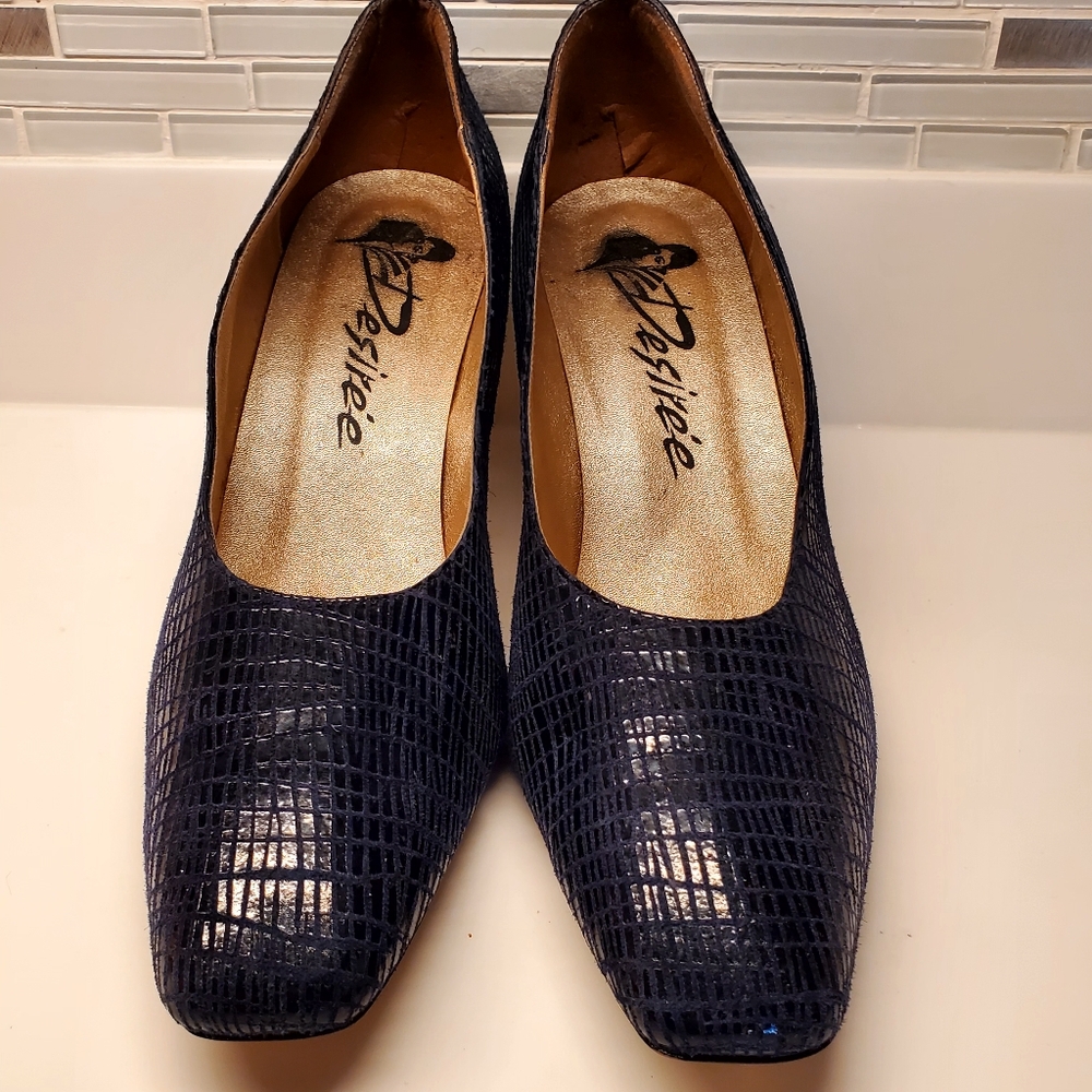 Desiree Navy 3" High Heel Pump, Womens Size 13W Suede Textured Pattern.